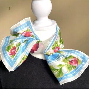 50’s “Tulips” on blue & white scarf. Silky rayon fabric. Approx. 26 1/2” sq.